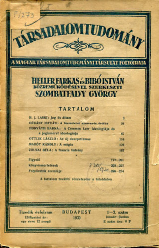 Szombatfalvy Gyrgy (Szerk.) - Trsadalomtudomny - 1930. Tizedik vfolyam 1-4. szm (janur-augusztus)