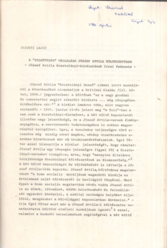Csuk�s Istv�n, Szigeti Lajos - Acta Historiae Litterarum Hungaricarum Tomus XIV. - Szeged 1976 - Vajansky m�veinek magyar vil�ga - A Feln�tts�g v�llal�sa J�zsef Attila k�lt�szet�ben - Dedik�lt