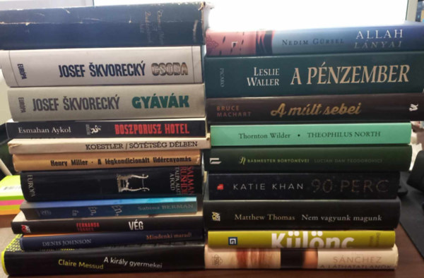 Thornton Wilder, Matthew Thomas, Josef Skvorecky, Arthur Koestler, Salman Rushdie, Henry Miller, Leslie Waller, Nedim Grsel, Katie Khan, Thomas Mann, Esmahan Aykol, Roy  Jacobsen, Benedict Wells, Lu - 20 db szpirodalom - KNYVMENT AJNLAT: Allah lnyai, A pnzember, A mlt sebei, Theophilus North, A bbmester brtnvei, 90 perc, Nem vagyunk magunk, Klnc, A lthatatlanok, A Buddenbrook hz, Csoda, Gyvk, Boszporusz Hotel, S