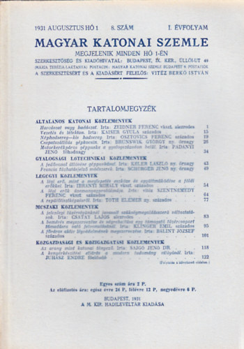 Vitéz Berkó István (szerk.) - Magyar Katonai Szemle 1931. augusztus (I. évf, 8. szám)
