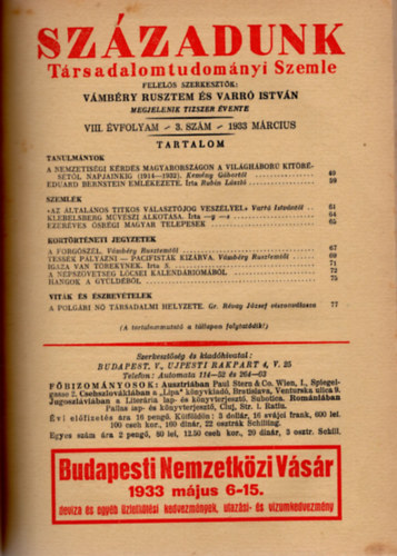V�mb�ry Rusztem (szerk.), Varr� Istv�n (szerk.) - Sz�zadunk T�rsadalomtudom�nyi Szemle VIII. �vfolyam 1933. ( teljes �vfolyam 1-10. sz�m )
