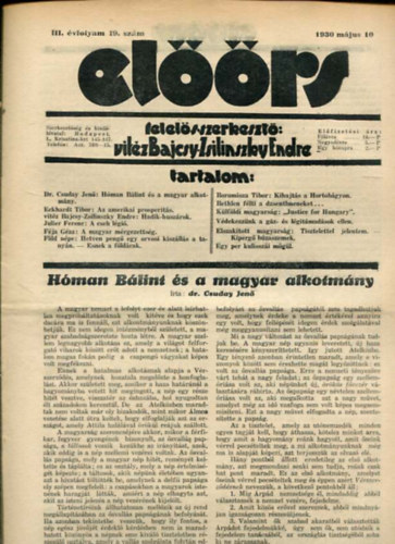vitz Bajcsy-Zsilinszky Endre ( felels szerkeszt) - Elrs folyirat III. vf. 19. szm. 1930. mjus 10.