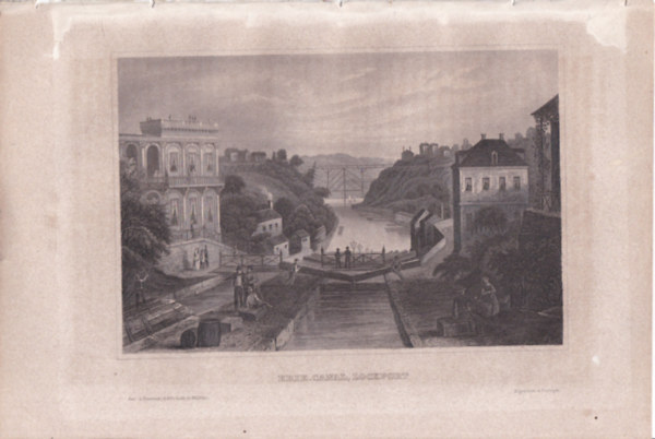 Erie-Canal (Eria-csatorna, Lockport, New York állam, USA, Észak-Amerika) (16x23,5 cm lapméretű eredeti acélmetszet, 1856-ból)