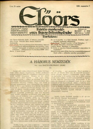 vitz Bajcsy-Zsilinszky Endre ( felels szerkeszt) - Elrs folyirat I. vf. 21. szm. 1928. augusztus 5.