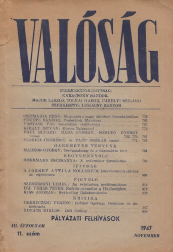 Karcsony Sndor (szerk.), Tolnai Gbor (szerk.), Major Lszl (szerk.) - Valsg  - 1947.  III. vfolyam 11. szm
