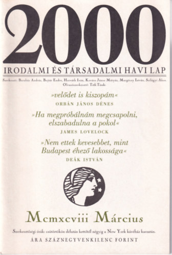 Bojt�r Endre - 2000 Irodalmi �s T�rsadalmi Havi Lap - 1998. M�rcius
