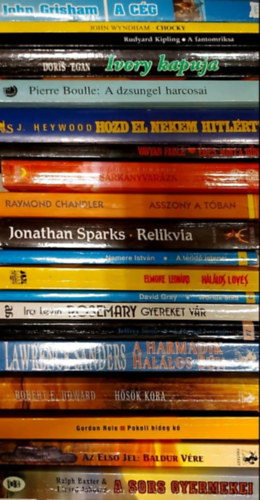 Pierre Boulle, Jonathan Sparks, Nemere Istvn, Elmore Leonard, John Wyndham, Rudyard Kipling, Doris Egan, David Gray, Joseph Heywood, Ira Levin, Raymond Chandler, Vavyan Fable, Robert E. Howard, Gord - 20 db szrakoztat irodalmi ktet: Srknyvarzs - Msodik ktet, A cg, A sors gyermekei, Az els jel: Baldur vre, Harmadik hallos bn, A hajnal lovagja, Pokoli hideg k, Hsk kora, des, mint a bn,  Asszony a tban, Rosemary
