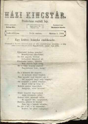 Ballagi Mr (szerk.), Batizfalvi Istvn - Hzi kincstr. Protestns csaldi lap. 5-dik vfolyam. 5-ik szm. Mrtius 3. 1864.
