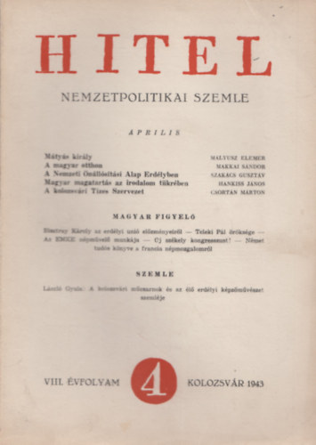 K�ki B�la szerk., Kiss Jen� (szerk.) - Hitel nemzetpolitikai szemle VIII. �vfolyam / 1943 �prilis