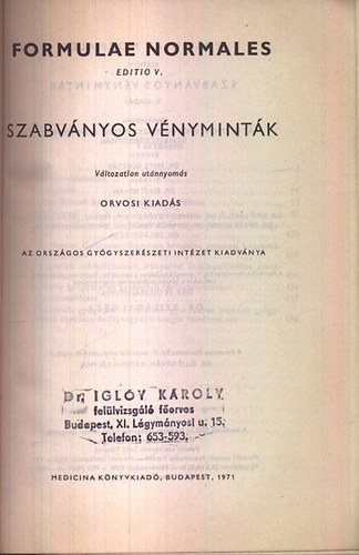 Formulae normales-Szabv�nyos v�nymint�k V. kiad�s