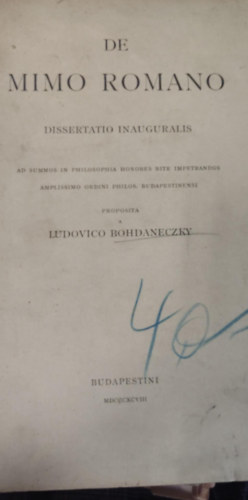 de mimo romano disserto inauguralis (Bevezet rtekezs a rmai mmrl latin nyelven)