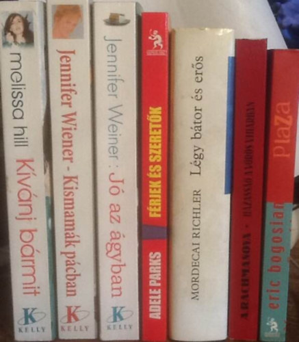 7 db kortárs regény: Hill:Kívánj valamit+Wiener:Kismamák pácban+Jó az ágyban+Parks:Férjek és szeretők+Richler:Légy bátor és erős+Rachmanova:Házasság a vörös viharban+Bogosian:Plaza