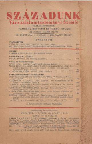 Vmbry Rusztem (szerk.), Varr Istvn (szerk) - Szzadunk.Trsadalomtudomnyi Szemle (IX. vfolyam 4. szm - 1934 mjus-junius)