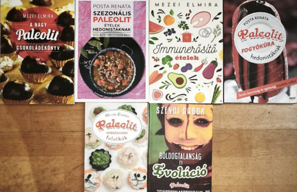 Posta Ren�ta, Mezei Elmira, Szendi G�bor - 6db paleolit t�pl�lkoz�ssal kapcsolatos k�nyv - Mezei-A nagy paleolit csokol�d�k�nyv, Immuner�s�t� �telek, Paleolit vend�gv�r� falatk�k, Posta-Szezon�lis paleolit �telek hedonist�knak, Paleolit fogy�k�ra hedonist�knak, Szendi-Bol