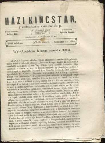 Ballagi Mr (szerk.), Gyrfs Ferenc - Hzi kincstr. Protestns csaldi lap. 5-dik vfolyam. 25-ik szm. November 11. 1864.