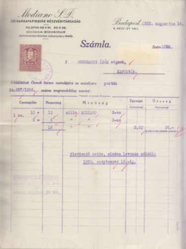 Számla - Modiano Szivarkapapírgyár Rt. (1933)