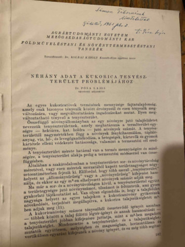Dr. Psa Lajos - Nhny adat a kukorica tenyszterlet problmjhoz