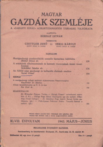 Czettler Jen�, Ihrig K�roly - Magyar Gazd�k Szeml�je 1943/m�jus-j�nius