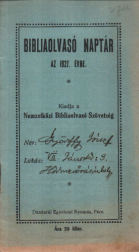bibliaolvasó naptár az 1927. évre
