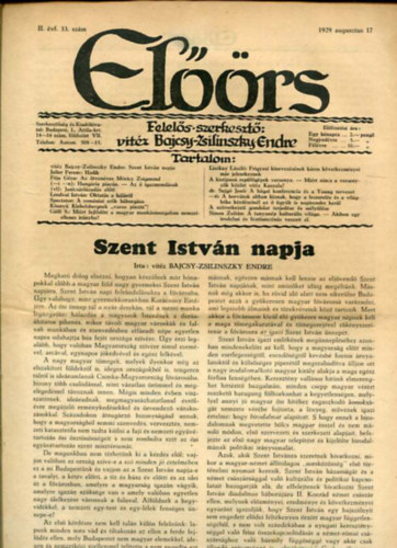 vitz Bajcsy-Zsilinszky Endre ( felels szerkeszt) - Elrs folyirat II. vf. 33. szm. 1929. augusztus 17.