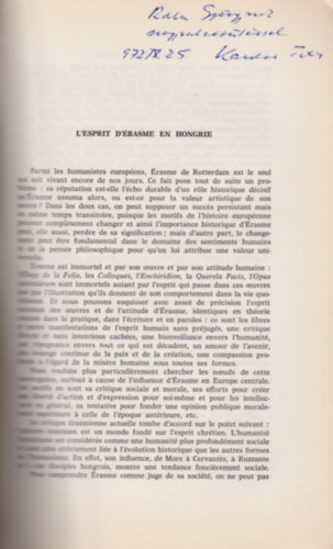 Kardos Tibor - L'Esprit d'Érasme en Hongrie. (Colloqvia Erasmiana Tvronensia. Volume I.)