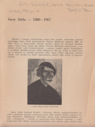 Bodgl Ferenc (Szerk.) - Bodgl Ferenc: Sassy Attila - 1880-1967 (A Herman Ott Mzeum vknyve IX) (Dediklt)