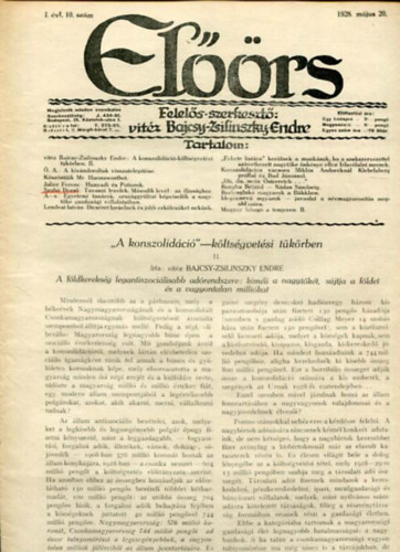 vitz Bajcsy-Zsilinszky Endre ( felels szerkeszt) - Elrs folyirat I. vf. 10. szm. 1928. mjus 20.