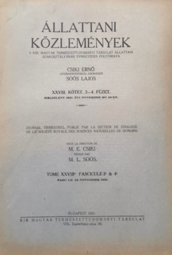 Csiki Ern�, So�s Lajos (szerk.) - �llattani k�zlem�nyek XXVIII. k�tet 3-4. f�zet