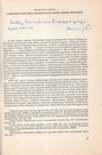 Blazovich Lszl - Sorsfordulk Dzsa felkelse idejn Bks megyben (dediklt)