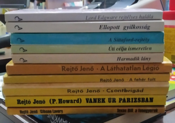 Agatha Christie, P. Howard (Rejt Jen) - 10 db-os KNYVMENT AJNLAT, krimi, kaland: Harmadik lny +ti clja ismeretlen+ A Sittaford-rejtly+ Ellopott gyilkossg+ Lord Edgware rejtlyes halla+ Texas Bill, a fenegyerek+ Vanek r Prizsban+ Csontbrigd+ A fehr folt+ A Lthat