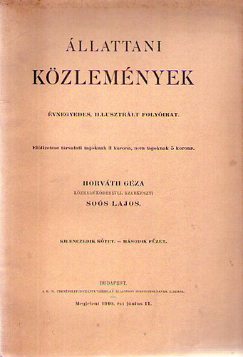 Horváth Géza (szerk.); Soós Lajos (szerk.) - Állattani Közlemények IX. kötet 2. füzet