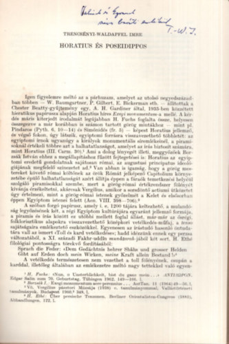 Trencs�nyi-Waldapfel Imre - Horatius �s Poseidippos - K�l�nlenyomat - Dedik�lt