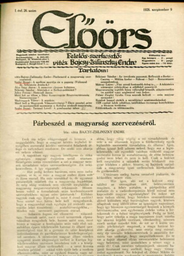 vitéz Bajcsy-Zsilinszky Endre ( felelős szerkesztő) - Előörs folyóirat I. évf. 26. szám. 1928. szeptember 9.
