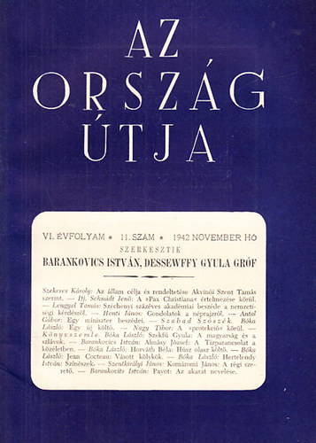 Barankovics Istvn; Dessewffy Gyula grf (szerk.) - Az orszg tja VI. vfolyam 11. szm (1942. november)