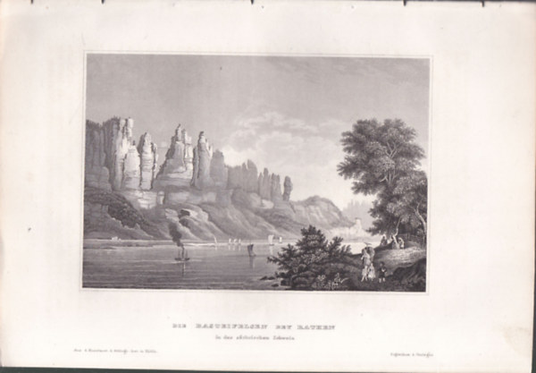 Die Basteifelsen bey Rathen (Bastei sziklák az Elba folyó felett, Svájc, Európa) (16x23,5 cm méretű eredeti acélmetszet, 1856-ból)