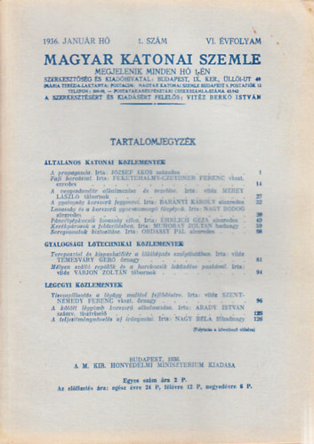 Vitz Berk Istvn (szerk.) - Magyar Katonai Szemle 1936. janur (VI. vf, 1. szm)