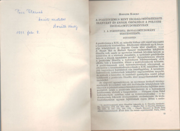 Horv�th K�roly - A pozitivizmus mint irodalomt�rt�neti ir�nyzat �s ennek �r�ks�ge a polg�ri irodalomtudom�nyban- K�l�nlenyomat