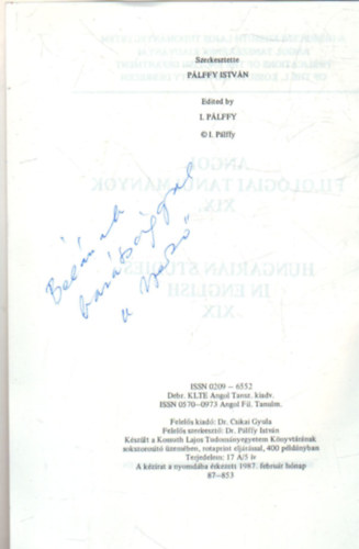Plffy Istvn (szerk.) - Angol filolgiai tanulmnyok XIX.
