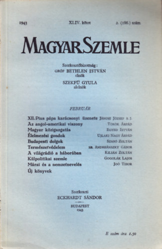 Bethlen Istv�n gr�f - Magyar Szemle 1943. febru�r XLIV. k�tet 2. (186.) sz�m