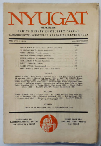 Babits Mihly szerk., Gellrt Oszkr szerk., Schpflin Aladr (szerk.), Illys Gyula (szerk.) - Nyugat XXXI. vf. 9. sz. (1938 szemptember)