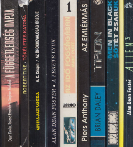 10 db. filmes sci-fi: A függetlenség napja + Tökéletes katona + Az örökkévalóság őrzője + A fekete lyuk + Az idő fogságában 1. + Az emlékmás + Tron + Men in Black - Sötét zsaruk + Indiana Jones és az utolsó kereszteslovag + Alien