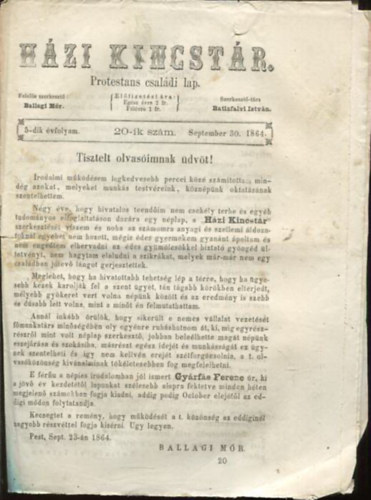 Ballagi Mr (szerk.), Batizfalvi Istvn - Hzi kincstr. Protestns csaldi lap. 5-dik vfolyam. 20-ik szm. September 30. 1864.
