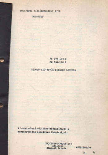 FM 302-160 S  -FM 304160 S tipus� ad�-vev�k m�szaki le�r�sa
