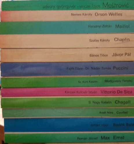 Udvary Gyngyvr-Vincze Lajos, Nemes Kroly, Harsnyi Zoltn, Szalay Kroly, Bnos Tibor, Fajth Tibor-Dr. Ndor Tams, Sz. Krti Katalin, Karcsai Kulcsr Istvn, S. Nagy Katalin, Aradi N - 11 db a Szemtl Szemben sorozatbl: Mestrovic, Orson Welles, Maillol, Chaplin, Bartk Bla, Puccini, Medgyessy Ferenc, Victorio De Sica, Chagall, Courbet, Max Ernst