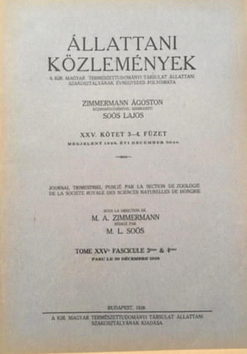 Zimmermann goston, Sos Lajos (szerk.) - llattani kzlemnyek XXV. ktet 3-4. fzet
