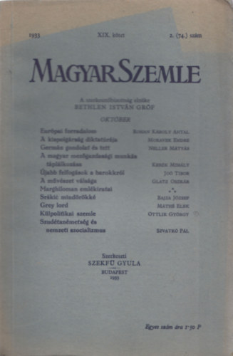 Szekf Gyula (Szerk.) - Magyar szemle 1933 oktber XIX. ktet  2.(74.) szm