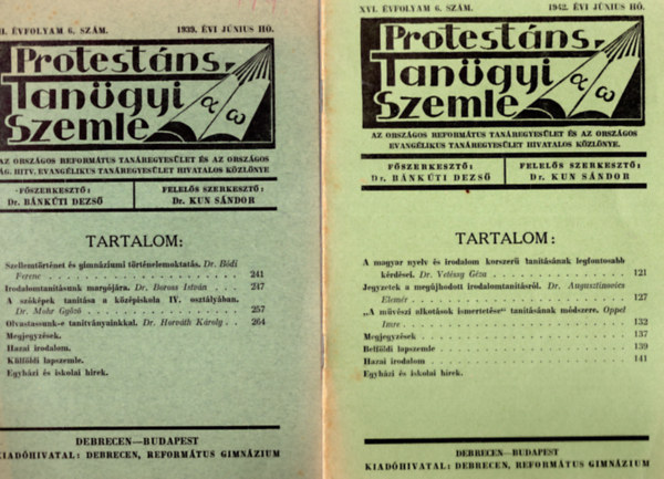 Dr. Kun Sándor - Protestáns Tanügyi  Szemle 1939 június, 1942 június, 1938 június, 1938 március havi számok ( 4 db )