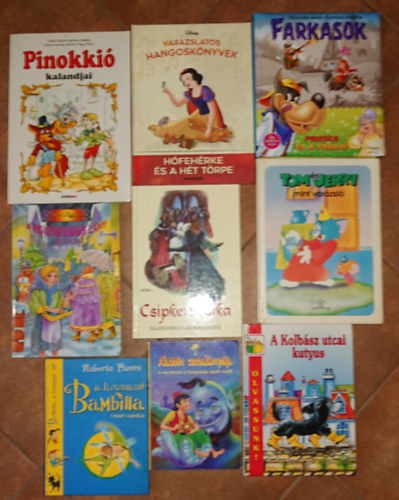 Roberto Piumini, Jacob és Wilhelm Grimm, H. C. Andersen, Carlo Collodi - 9 klasszikus, színes gyerekkönyv: Tom és Jerry mint varázsló, Hófehérke és a hét törpe, Pinokkió, A kis gyufaárus lány, Csipkerózsika, Kolbász utcai kuyus, Piroska és a farkas, Bambilla, Aladdin csodalámpája