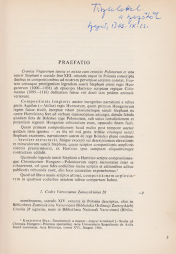 Karácsonyi Béla (szerk.) - Acta Historica (Tomus XXVI.) - Chronica Hungaro-Polonica Pars I. (Textus cum Varietate Lectionum) (Dedikált)