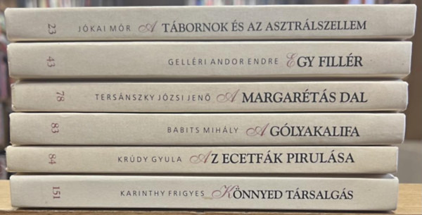 Jkai Mr, Gellri Andor Endre, Tersnszky Jzsi Jen, Babits Mihly, Krdy Gyula, Karinthy Frigyes - 6 db Milleniumi Knyvtr ktet: 23. A tbornok s az asztrlszellem, 43. Egy fillr, 78. A margarts dal, 83. A glyakalifa, 84. Az ecetfk pirulsa, 151. Knnyed trsalgs